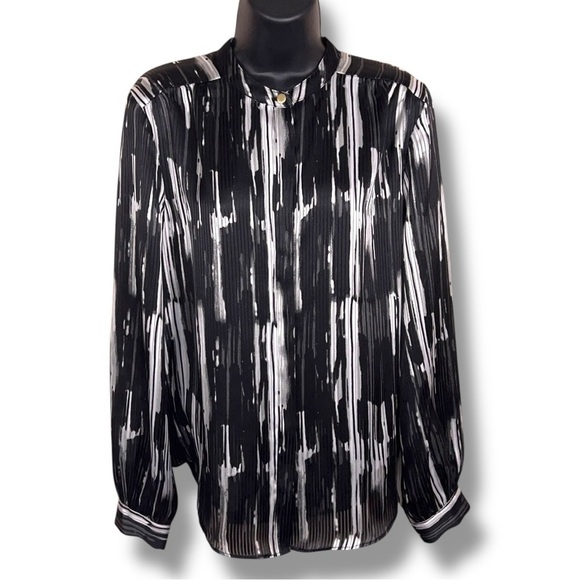 Medium Worthington Blouse Black White Abstract Geometric Print Long Sleeve Goth - Picture 1 of 12